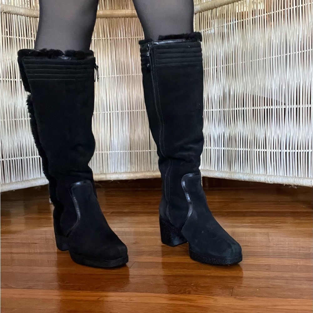 Cole Haan Black Knee-High Suede Winter Boots with shearling lining